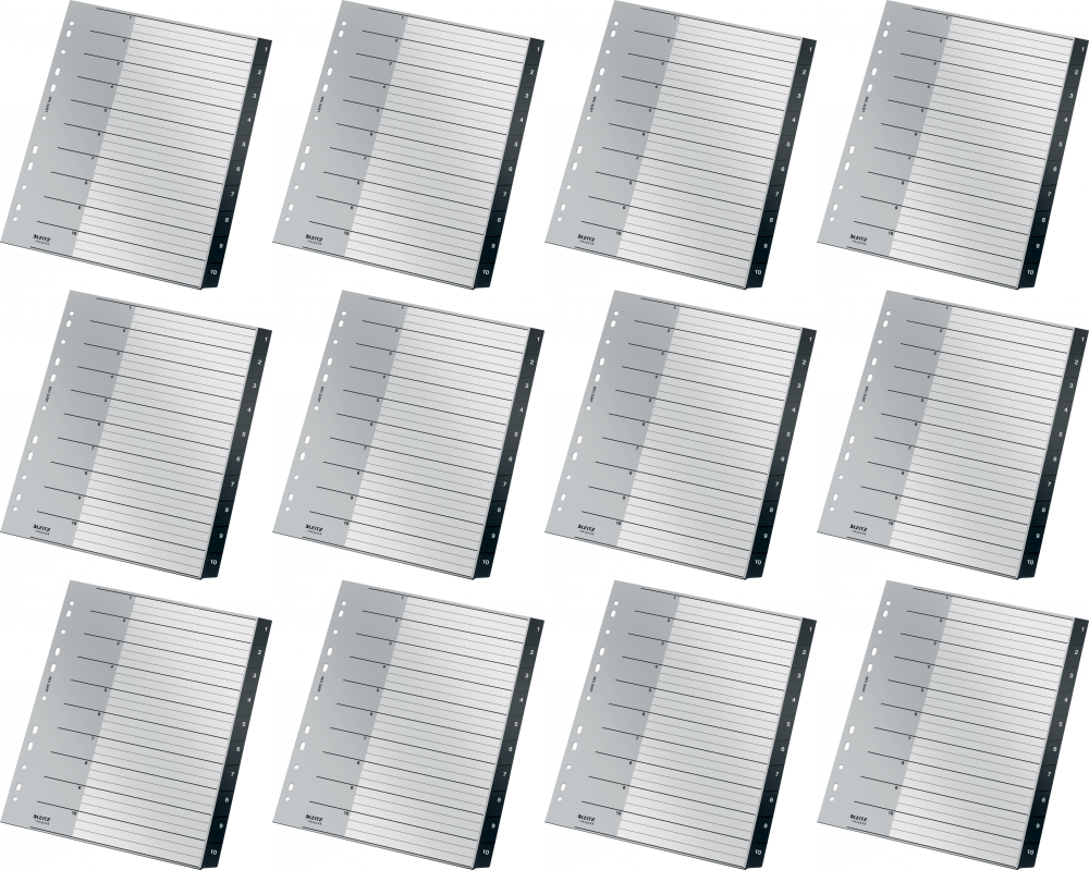 12x Przekładki do segregatora Leitz Recycle, plastikowe, numeryczne, A4 maxi, 1 - 10 kart