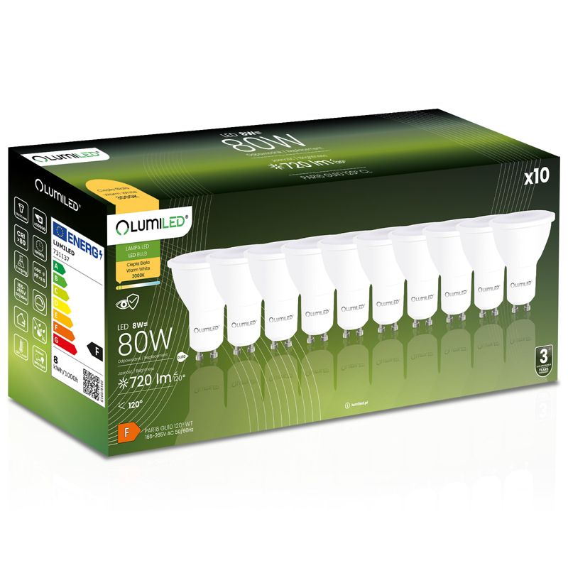Żarówka LED Lumiled GU10 Reflektor PAR16 8W 720lm 3000K 120st 10 szt.