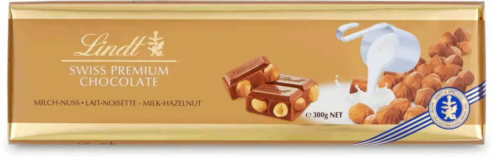Outlet: WAŻNY DO 2025-09-30 Czekolada Lindt Swiss Premium, mleczna z orzechami laskowymi, 300g
