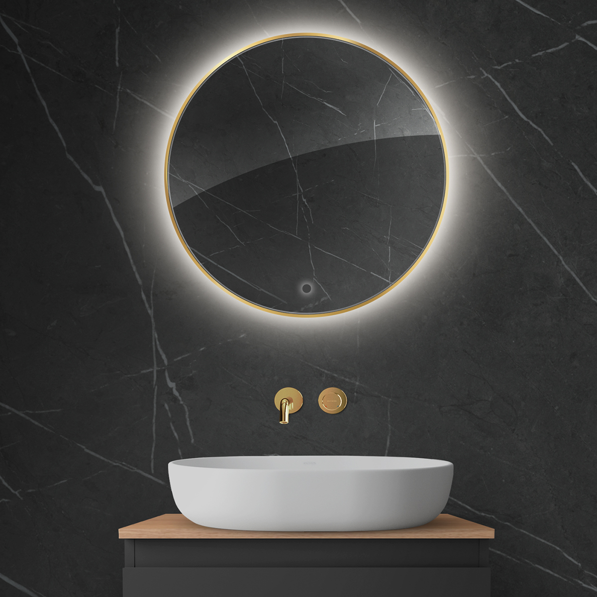 Oltens Nordlis lustro 60x60 cm okrągłe z oświetleniem od tyłu z matą grzewczą złoty 64108800 - Wysyłka w 24h