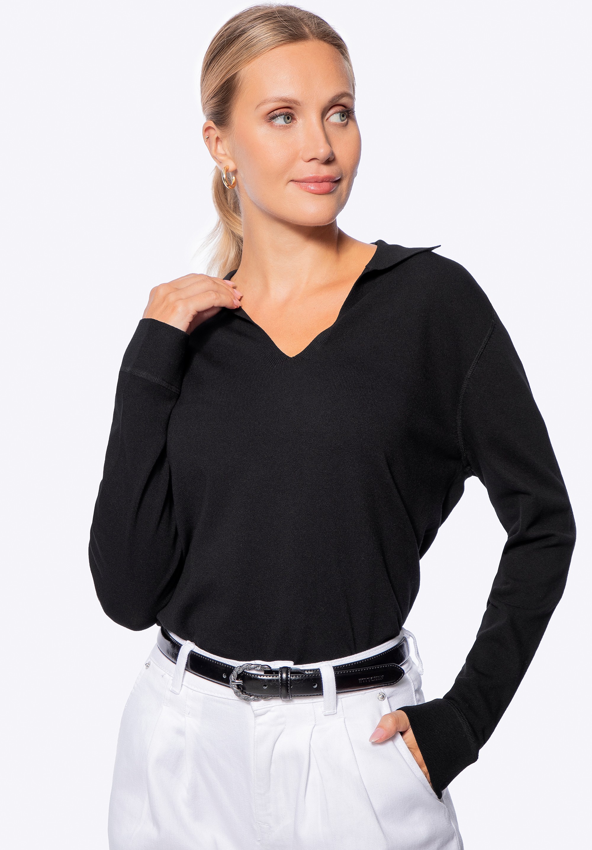 Sweter damski z dekoltem V-neck z wiskozy i nylonu czarny