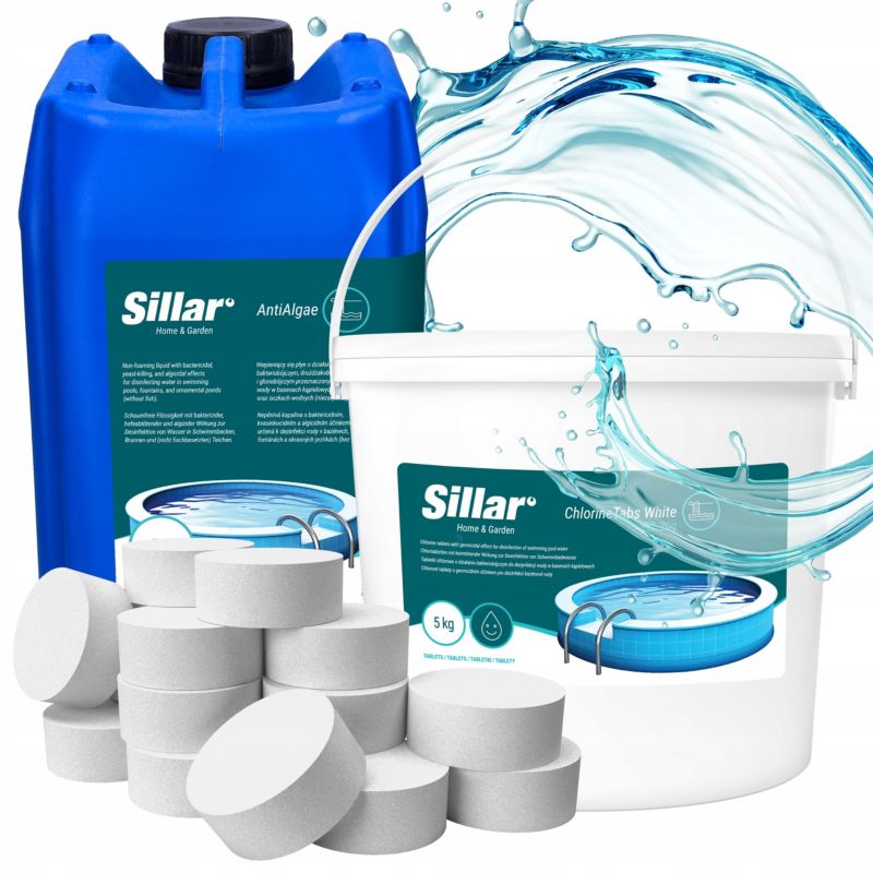 Chlor do basenu, Sillar, tabletki 20g, 5kg, białe + preparat na glony, antyglon, w płynie, 5l, zestaw chemii basenowej, 2szt