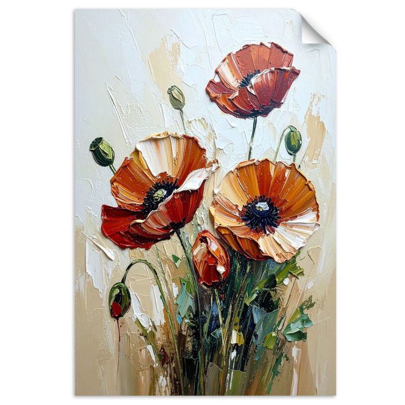 Plakaty samoprzylepne do salonu sypialni Feeby Czerwone Maki Kwiaty na beżowym tle 90x130cm 1szt