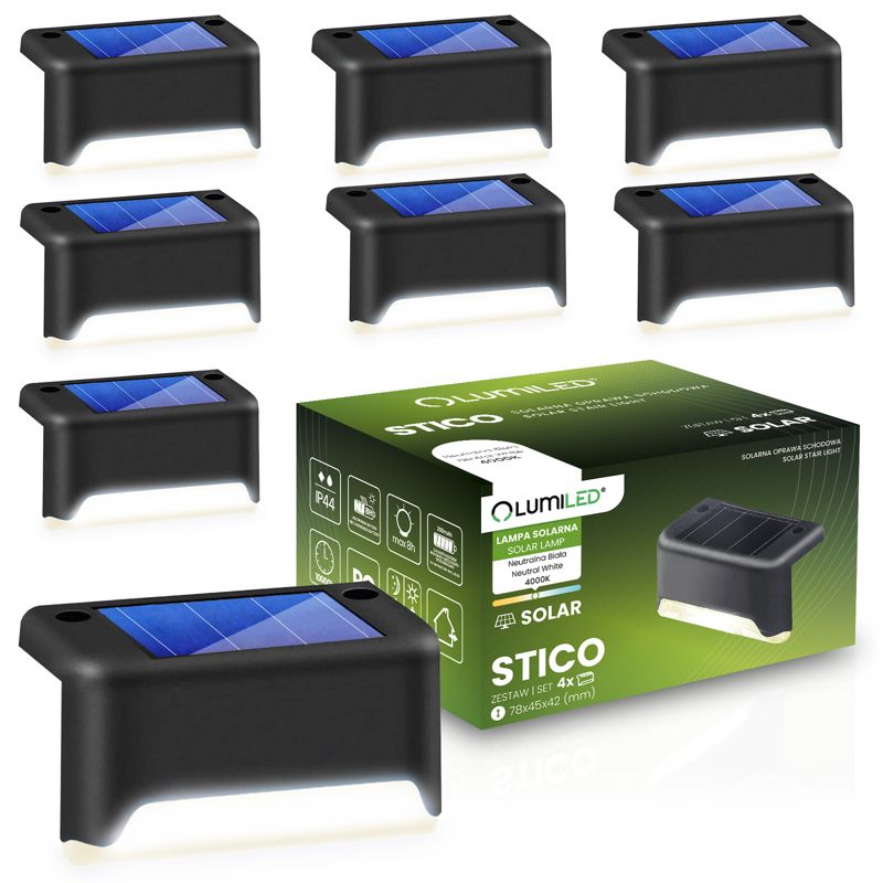 Lampa Solarna LED Lumiled Schodowa Lampki Zewnętrzne na Schody Taras Wodoodporne 4000K 8 szt.