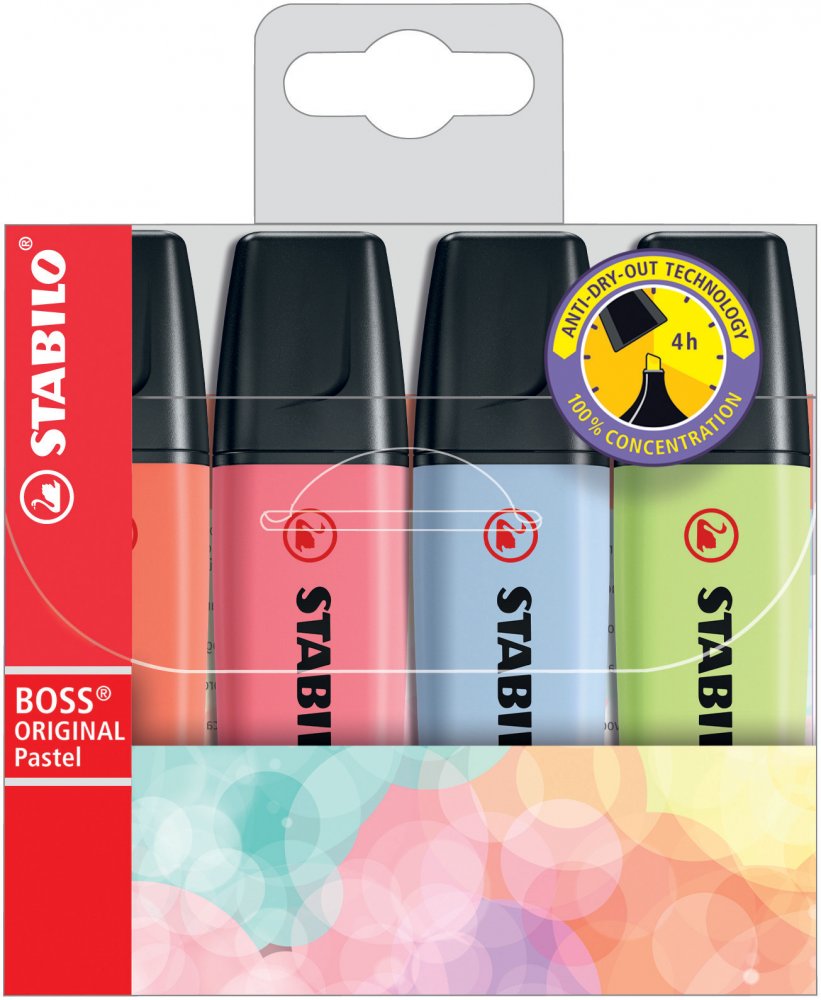 Zakreślacz Stabilo, Boss Original Pastel 70/4-3, ścięta, 4 sztuki, mix nowych kolorów pastelowych