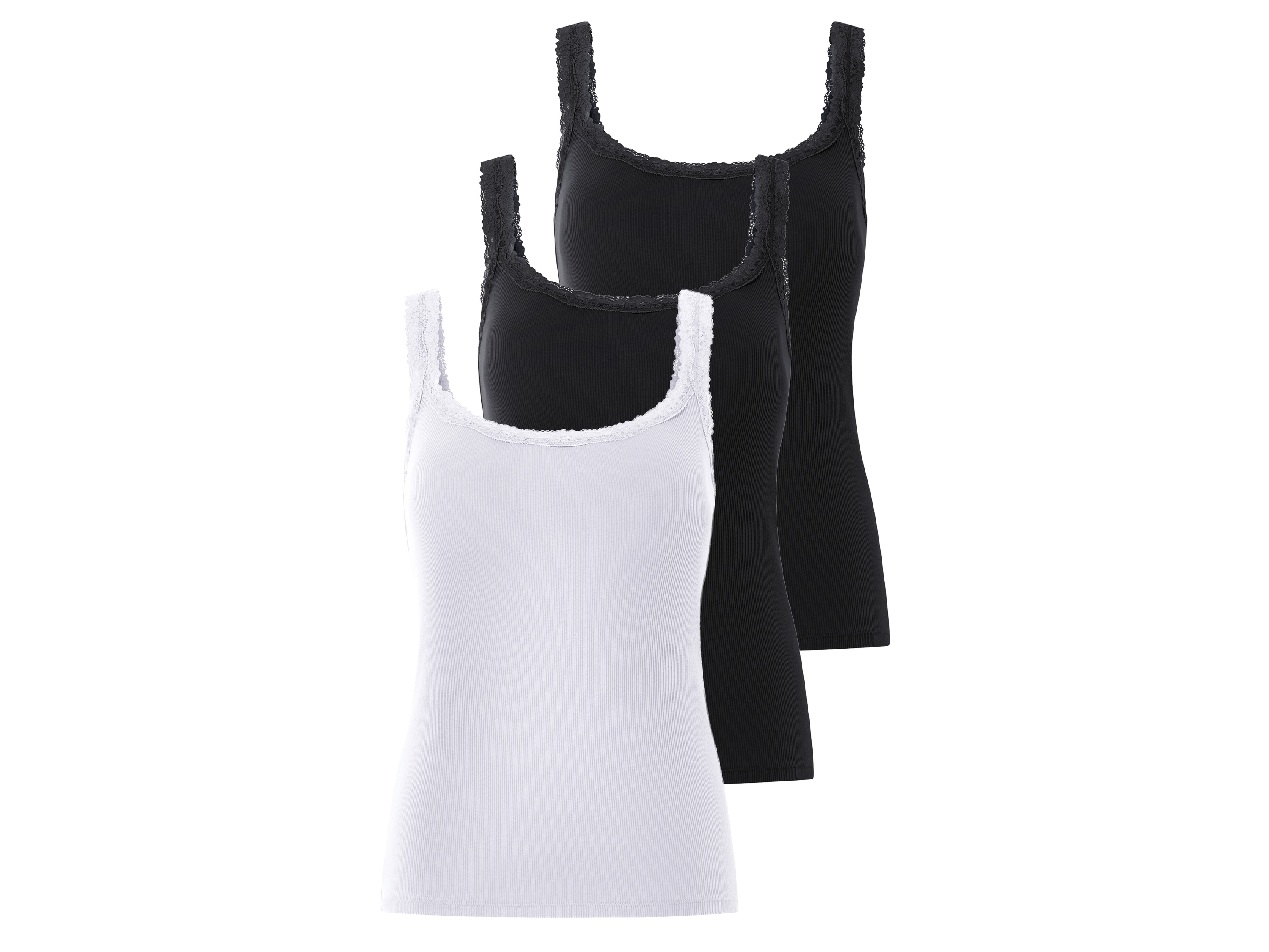 esmara Topy damskie z bawełną, 3 sztuki (Czarny / biały, XL(48/50), Wysoka jakość, Elegancka koronka, Modna tkanina żeberkowa)