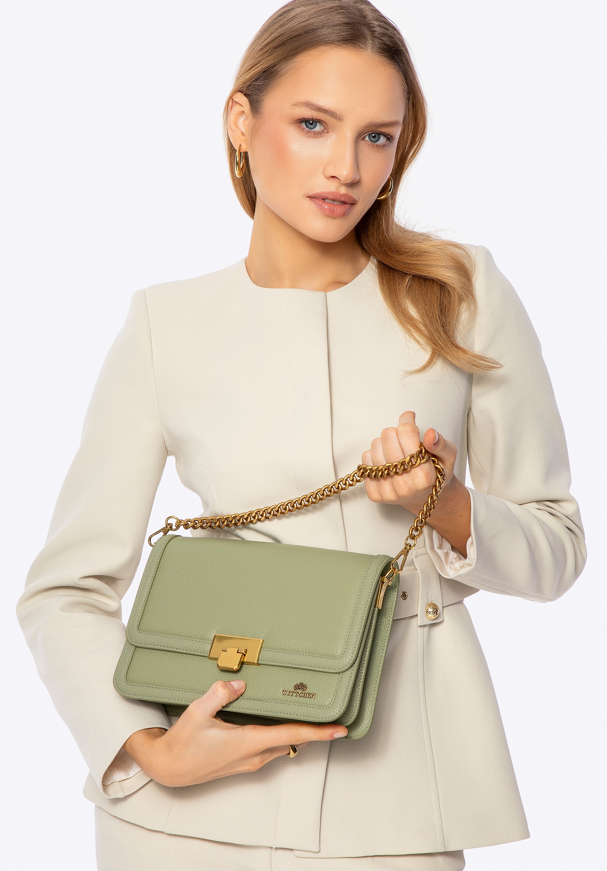 Skórzana torebka crossbody z łańcuszkiem pistacjowa