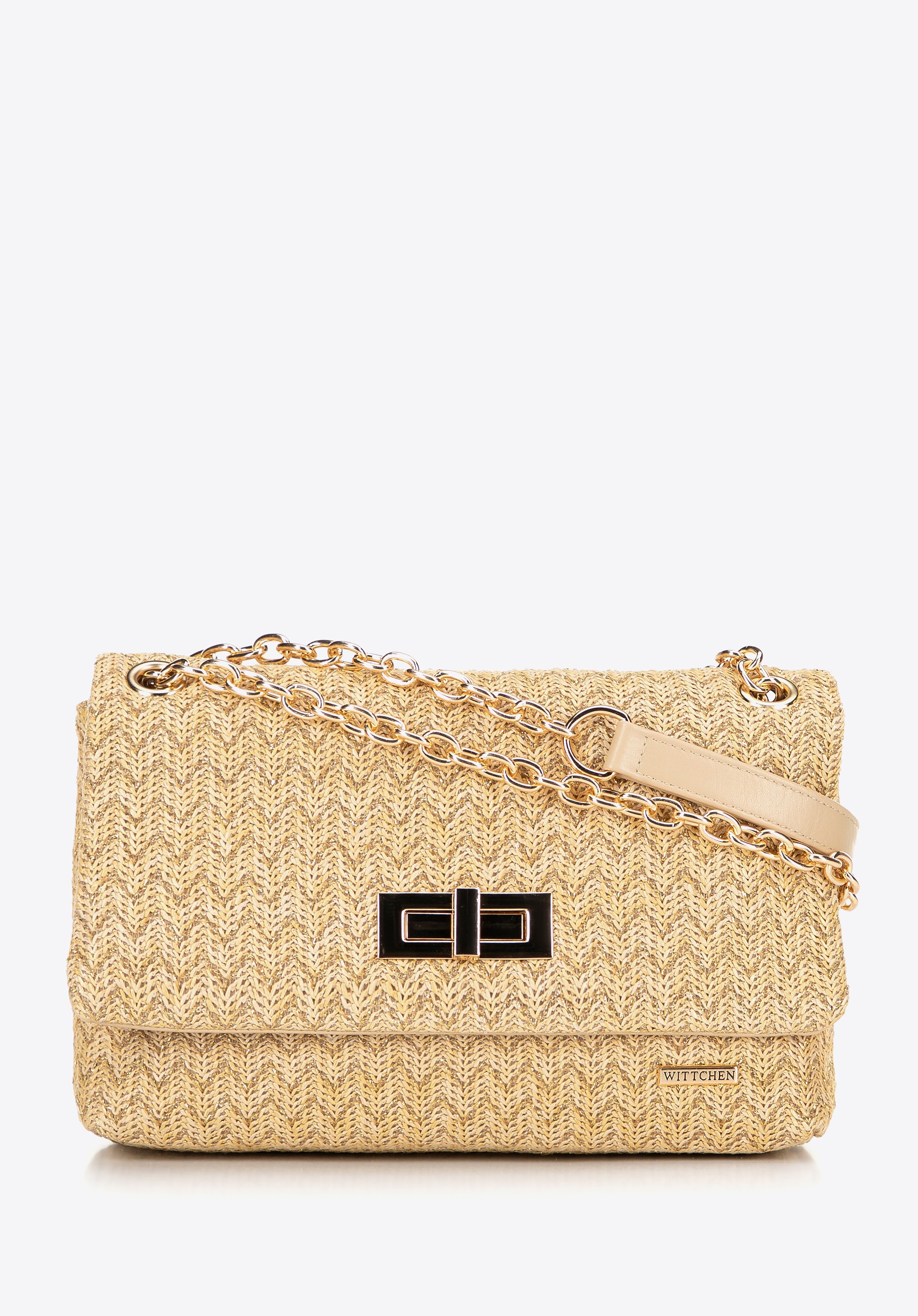 Damska crossbody z plecionki na łańcuszku beżowo - złota