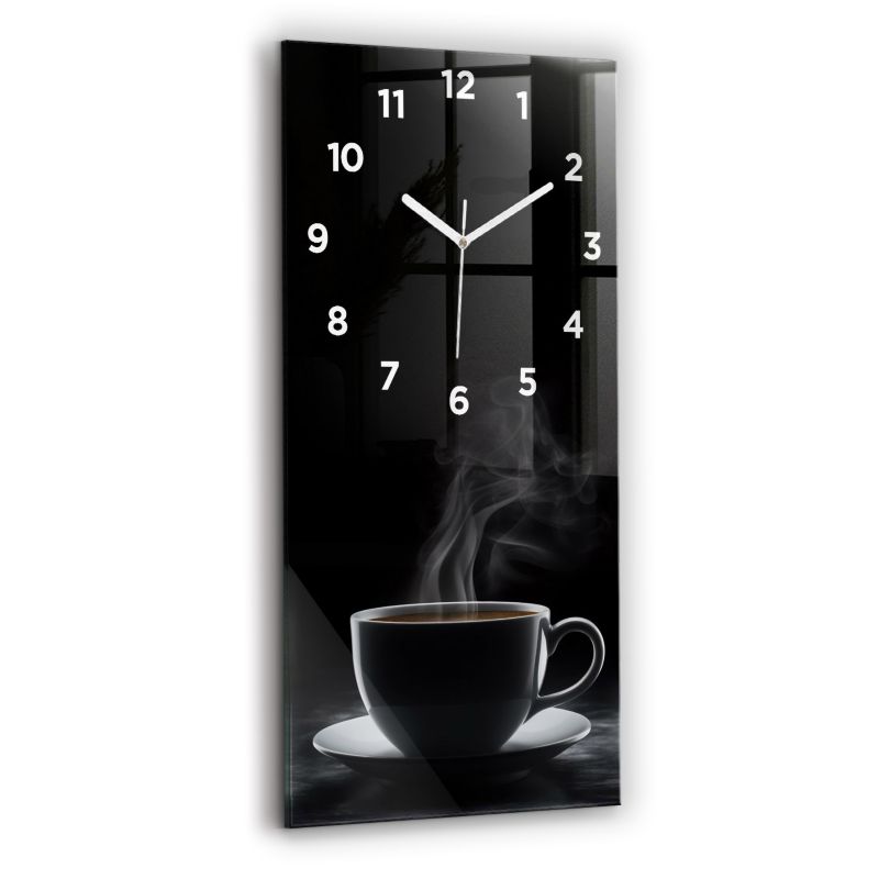 Zegar z białymi wskazówkami Wallfluent 30x60 cm Filiżanka czarnej kawy Szklany 1 szt.