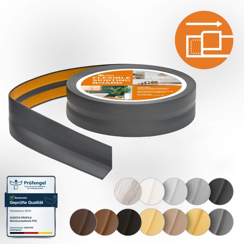 Listwa wykończeniowa PCV 15x15mm, QUEST, samoprzylepna, elastyczna, miękka taśma dekoracyjna, grafit, 5m