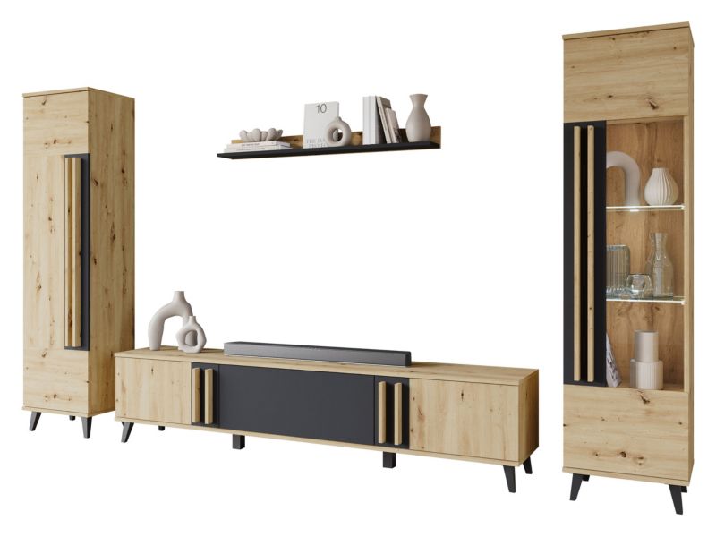 Meblościanka MIRJAN 24 Helsinki II z oświetleniem LED czarny grafit + dąb artisan 1 kpl.