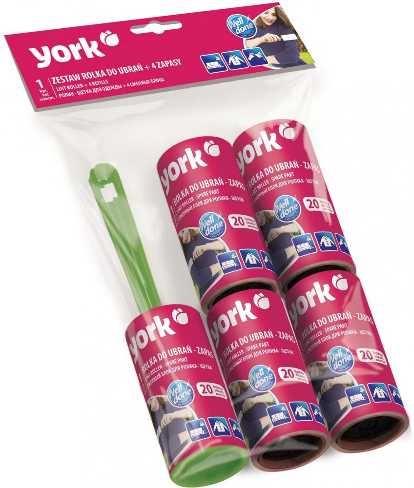Rolka do czyszczenia odzieży York, z 4 zapasami, 4+1 sztuka, mix kolorów