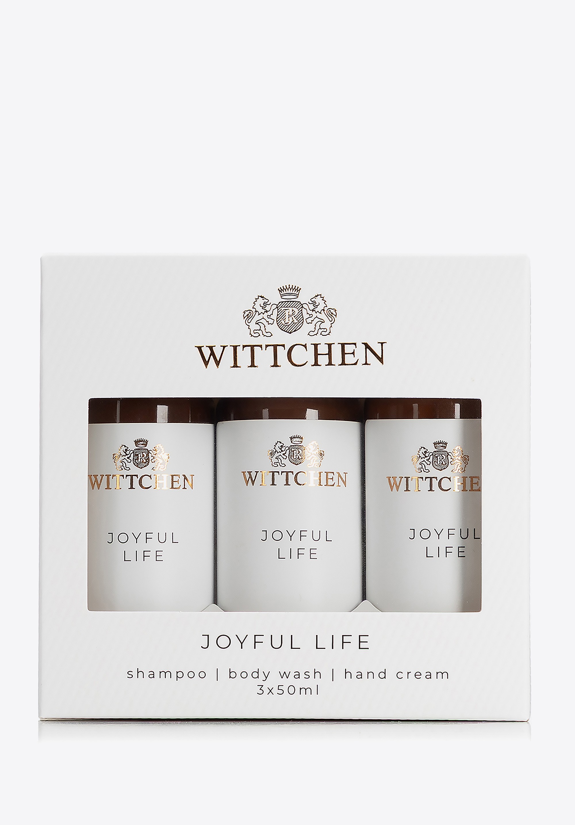 Podróżny zestaw kosmetyków szampon, żel, krem do rąk Joyful Life