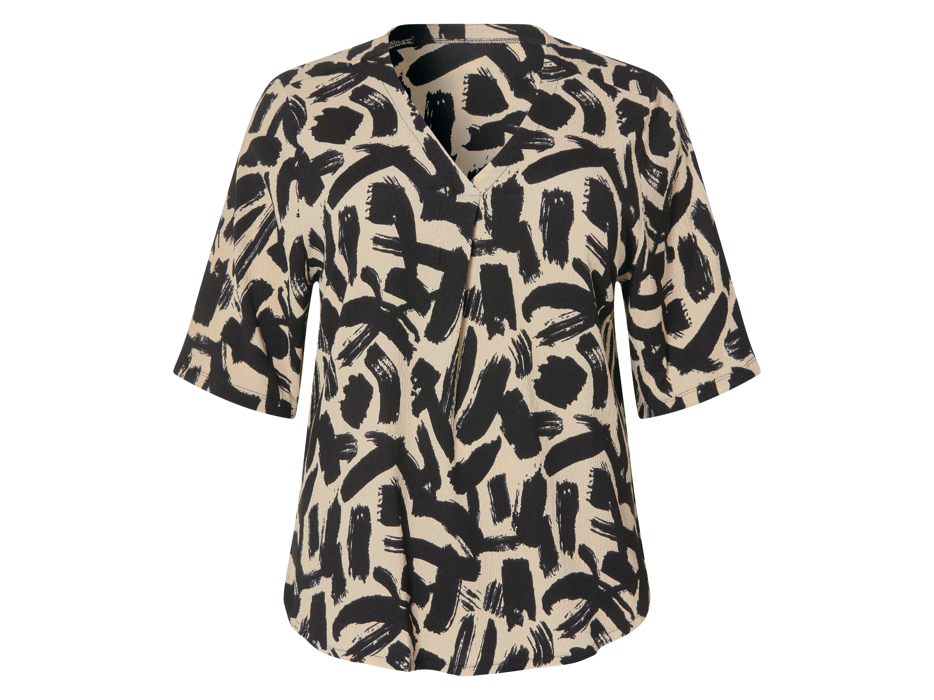 esmara Bluzka damska PLUS SIZE XXL (Czarny/ beżowy, XXL (52/54), modna struktura krepy, dekolt w szpic, krótki rękaw)