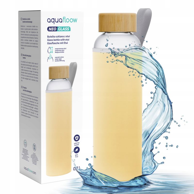 Butelka na wodę, AquaFloow, szklana, bidon, w etui neoprenowym, 700ml, bez BPA, morelowa, 1szt