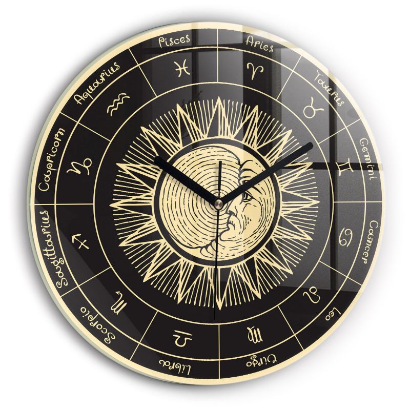 Zegar szklany czarne wskazówki Wallfluent fi30 cm Zodiaki i Słońce 1 szt.