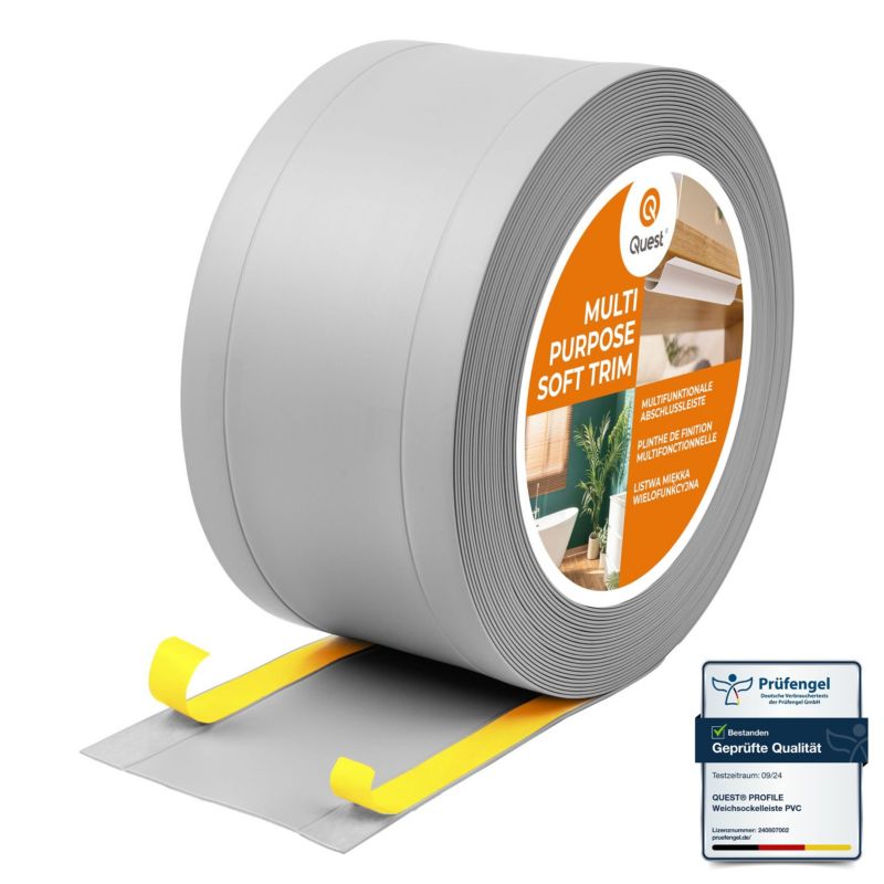 Listwa wykończeniowa W1 z PCV 6w1 75mm, QUEST samoprzylepna, maskująca elastyczna listwa podłogowa, ścienna, szary, 25m
