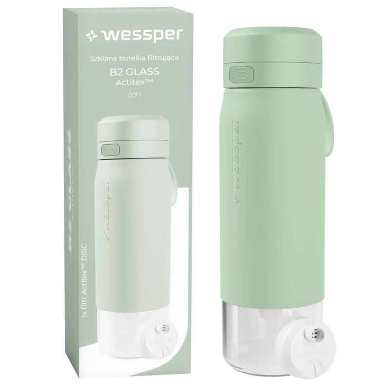Butelka na wodę, Wessper, filtrująca, szkło borokrzemowe, bidon, z filtrem do wody, 700ml, B2 GLASS Actitex, miętowa, 1szt
