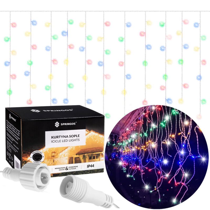Kurtyna świetlna Springos 500 led girlanda, lampki wewnętrzno-zewnętrzne sople multikolor z zimnym białym flash 1 szt.