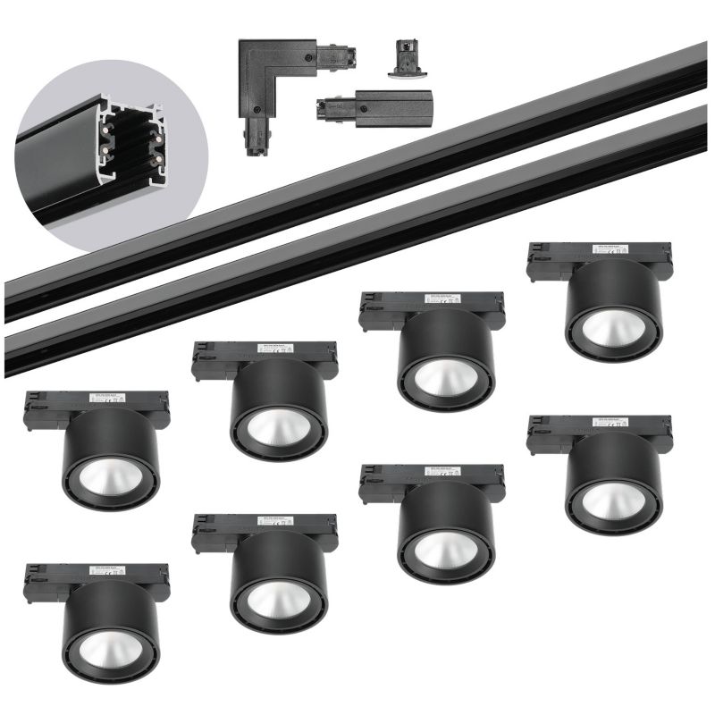 Oświetlenie szynowe 3 fazowe Kobi 2m+2m, 8x LED 10W, łącznik L czarny 1kpl.