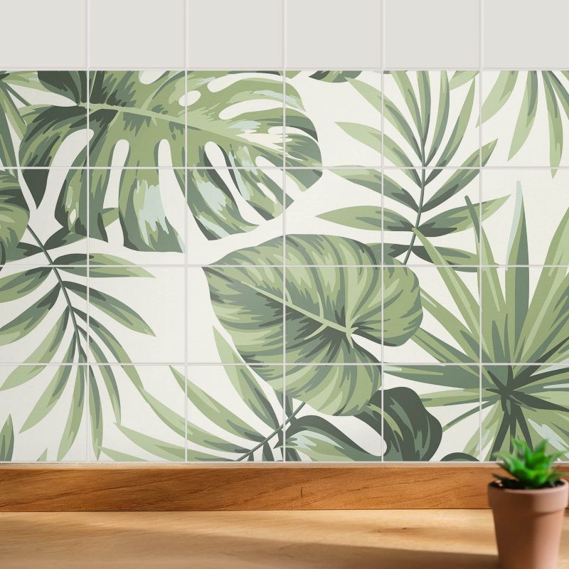 Naklejki na ścianę do kuchni Wallfluent 20x20 cm Liście tropikalne w aranżacji odświeżenie kafelek 24 szt.