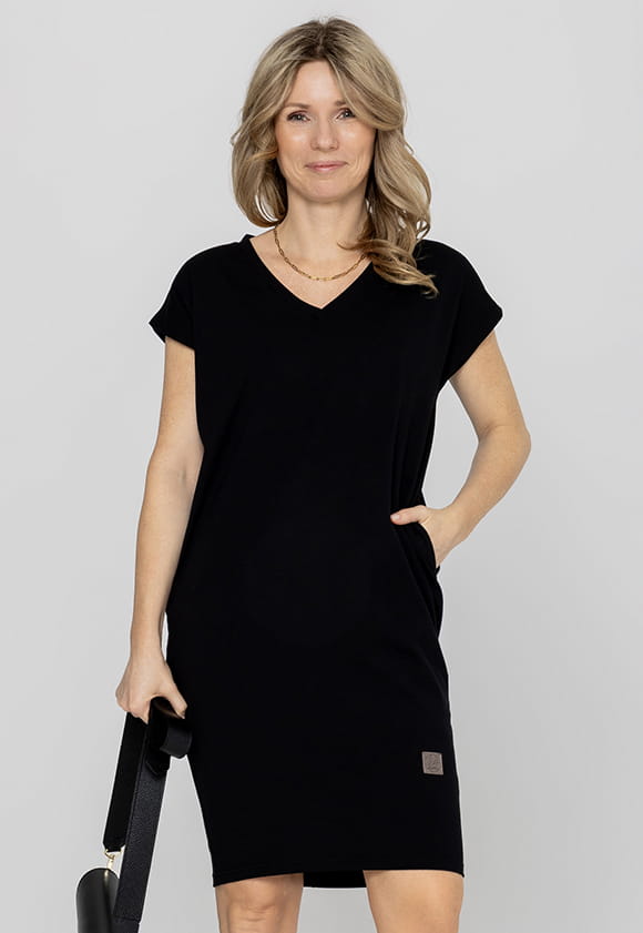 Strickkleid Mit V- Ausschnitt JANET Kurze Ärmel – Schwarz