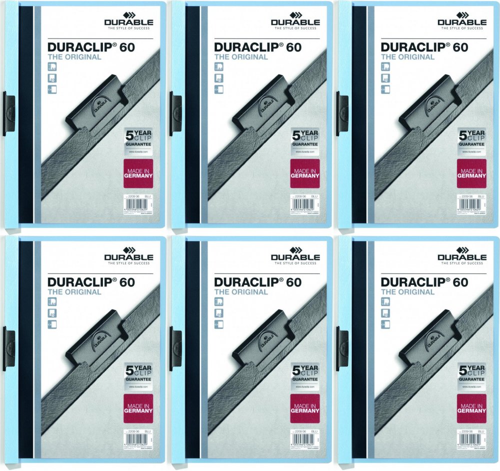 6x Skoroszyt plastikowy z klipsem Durable DuraClip, A4, do 60 kartek niebieski