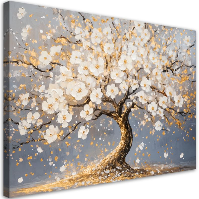 Obraz na płótnie Feeby Złote Drzewo z Białymi Kwiatami 100x70cm 1szt