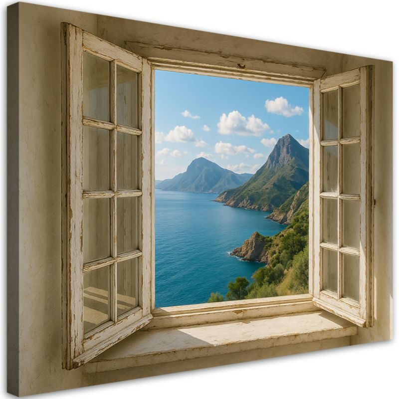 Obraz do salonu sypialni Feeby Widok z okna Morze Góry Shabby Chic 100x70cm 1szt