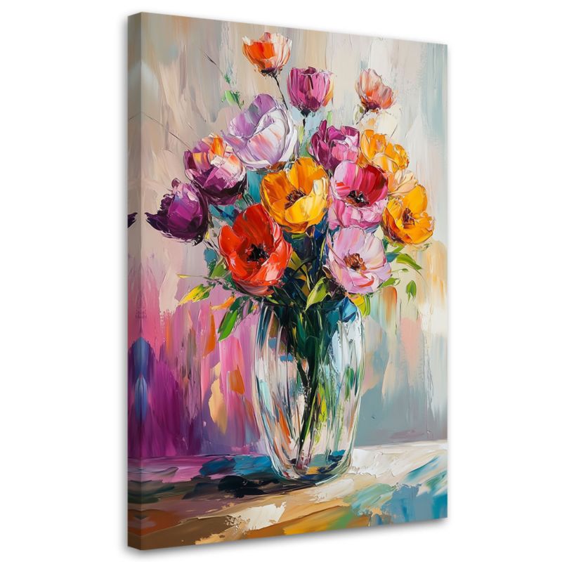 Obraz na płótnie Feeby Bukiet Kolorowych Tulipanów w Wazonie 60x90cm 1szt