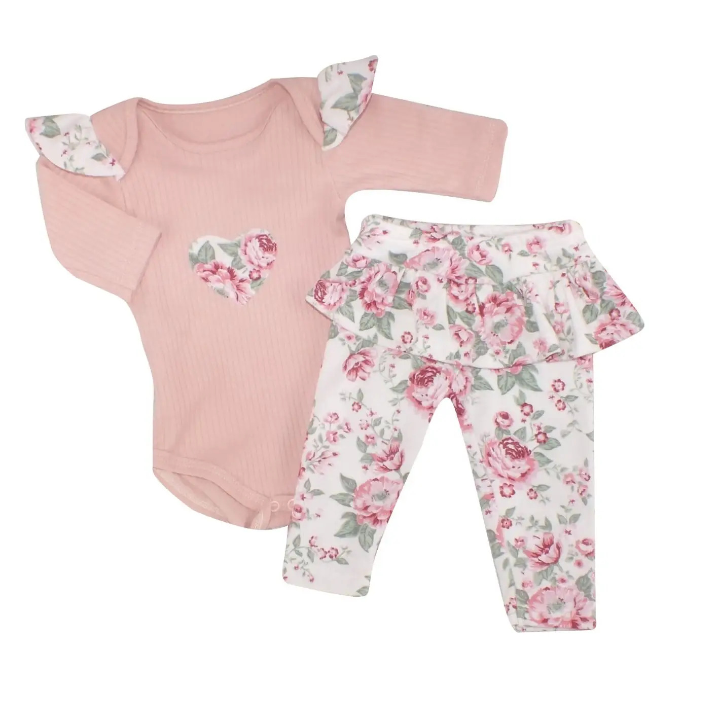 2CZ KOMPLET BODY + LEGGINSY ZE SPÓDNICZKĄ W KWIATY BRUDNY RÓŻ ZZ - 86