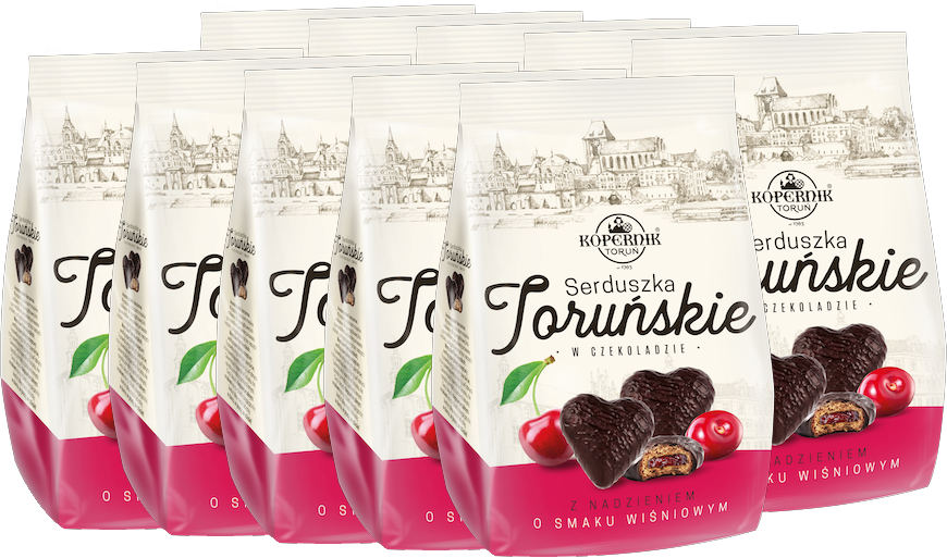 10x Pierniki Kopernik Serduszka Toruńskie, wiśniowe w czekoladzie, 150g