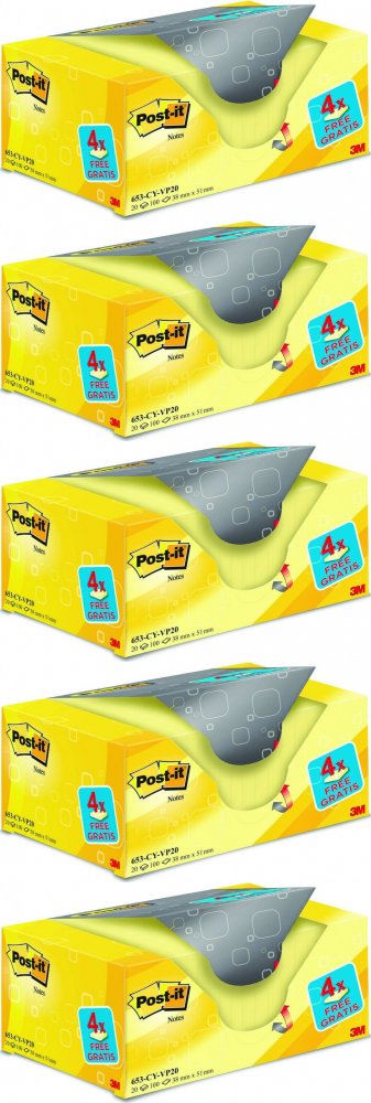 5x Notes samoprzylepny Post-it, 38x51mm, 20x100 karteczek, żółty