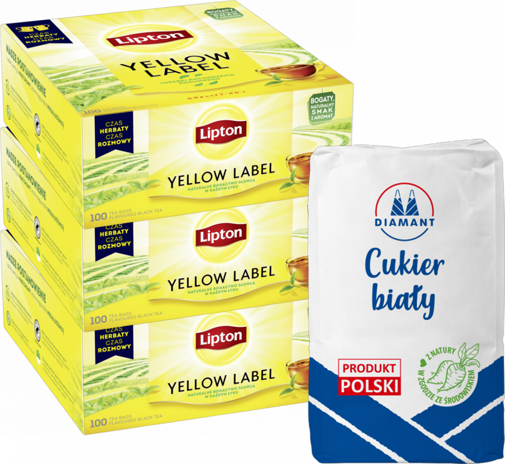 Zestaw: 3xHerbata czarna w torebkach Lipton Yellow Label, 100 sztuk x 2g + Cukier biały Diamant, sypki, 1kg