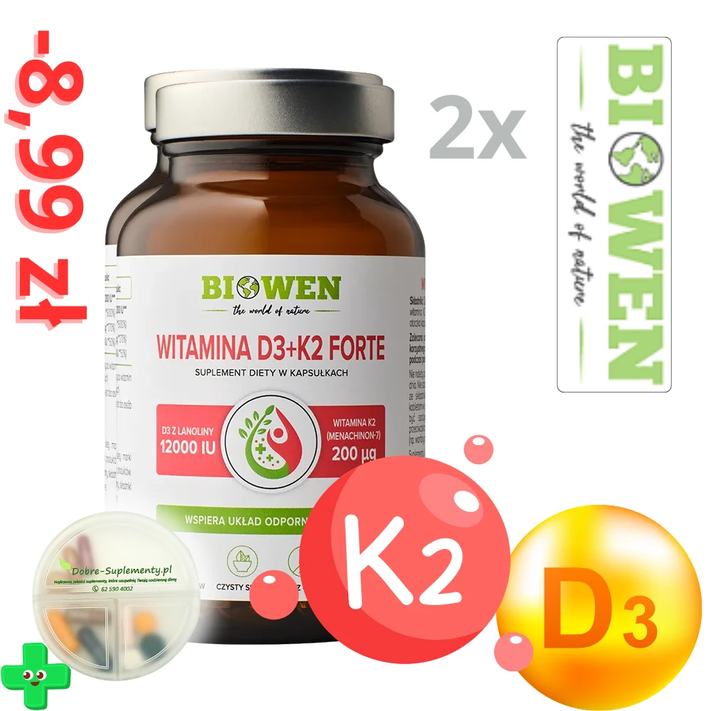 Zestaw: 2x Witamina D3 + K2 Forte 12000 IU 60kaps. Biowen + pojemnik na suplementy