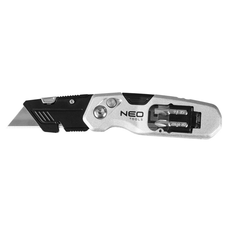 Nóż z ostrzem trapezowym NEO TOOLS składany 1+3 ostrza, 2 bity 1 kpl