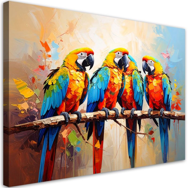 Obraz do salonu Feeby Kolorowe Papugi Ptaki na gałęzi 90x60cm 1szt