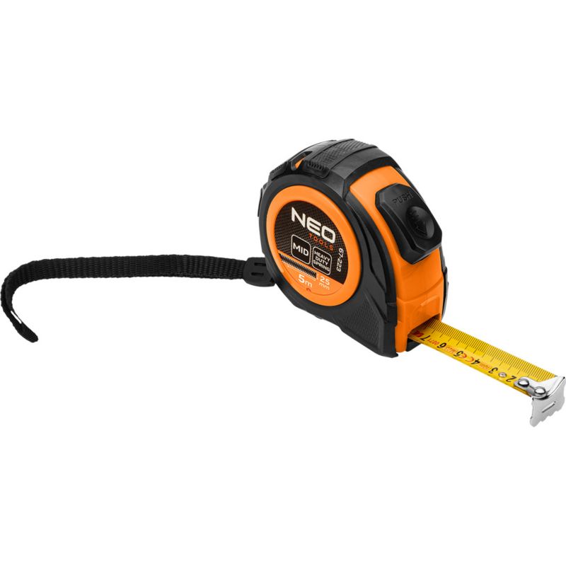 Miara zwijana NEO TOOLS stalowa 5 m x 25 mm, auto blokada, dwa przyciski stop 1 szt