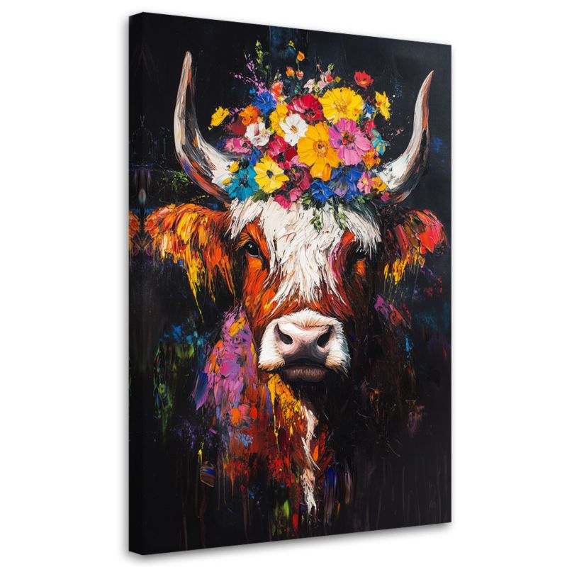 Obraz na płótnie Feeby Szkocka Krowa z Kwiatami na głowie 40x60cm 1szt