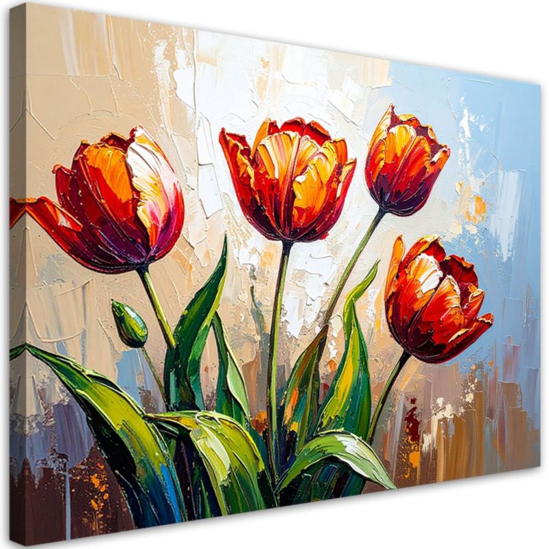 Obraz dekoracja Feeby Czerwone Kwiaty Tulipany na beżowym tle imitacja farby 100x70cm 1szt
