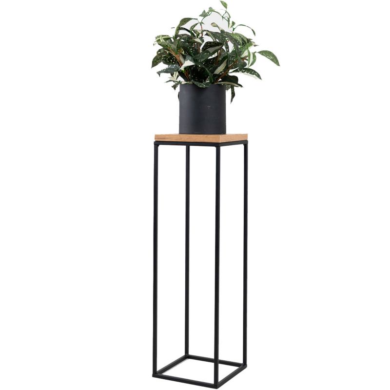 Kwietnik stojący metalowy pojedynczy wysoki L rozm. 19x19x79 cm Loft e-floor czarny półka deska laminowana dąb 1 szt
