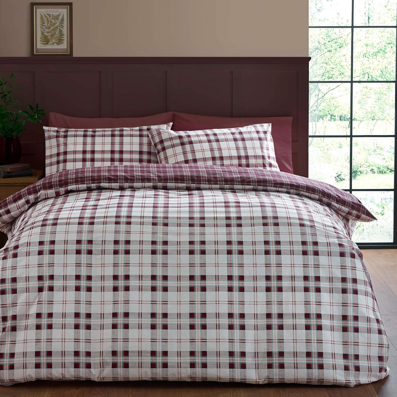 Komplet pościeli dwustronnej Kratka śliwkowa Rozmiar do Wyboru AM - 1x poszewka 230x220cm + 2x poszewka 80x50cm