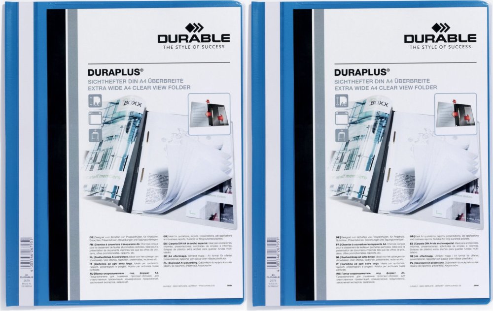 2x Skoroszyt plastikowy Duraplus Durable, A4, prezentacyjny, niebieski