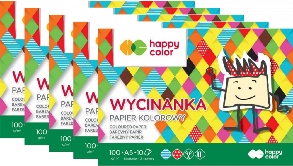 5x Zeszyt papierów kolorowych Happy Color Wycinanka, A5, 100g/m2, 10 kartek, mix kolorów