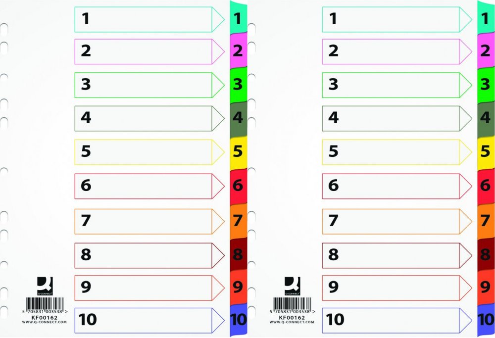2x Przekładki do segregatora Q-Connect Mylar, kartonowe, numeryczne, A4, 10 kart, mix kolorów
