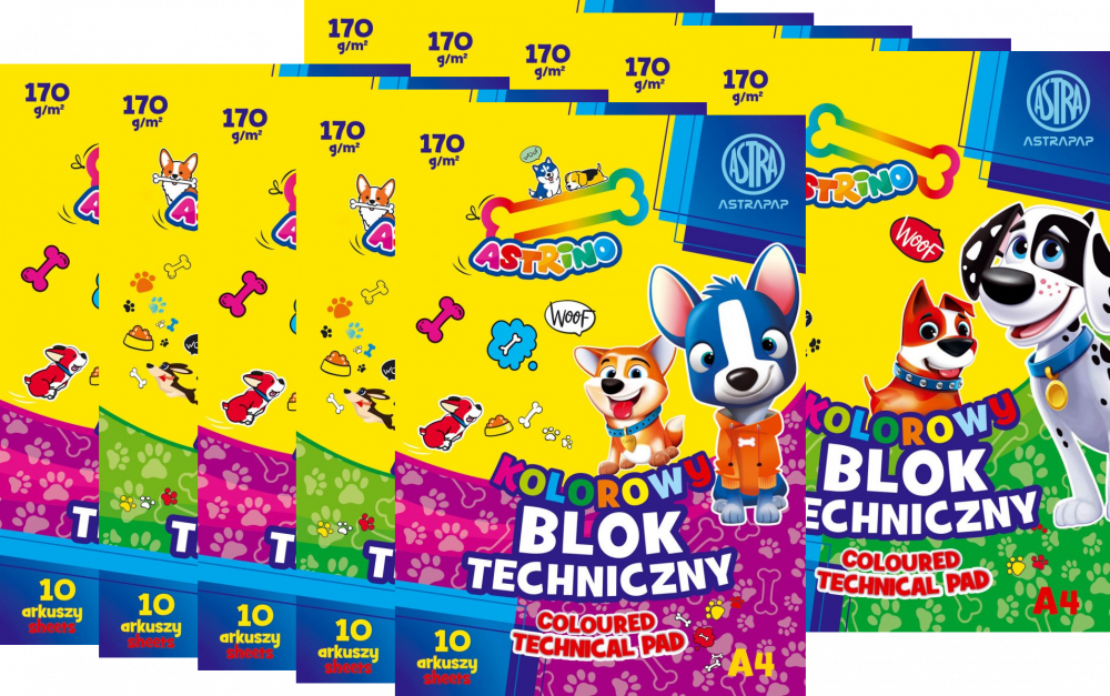 10x Blok techniczny Astra Astrino, A4, 170g, 10 kartek, kolorowy