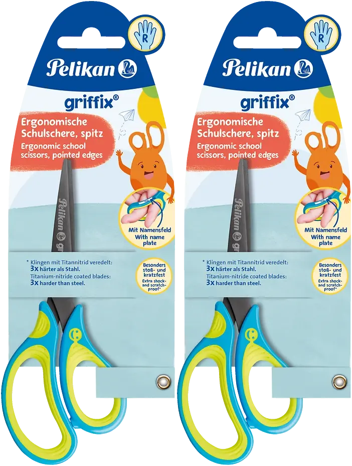 2x Nożyczki dla dzieci Pelikan Griffix, tytanowe, 14.5cm, żółto-niebieski