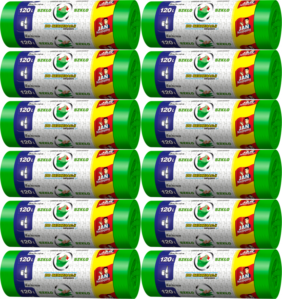 12x Worki na śmieci Jan Niezbędny, na szkło, 120l, 10 sztuk, zielony