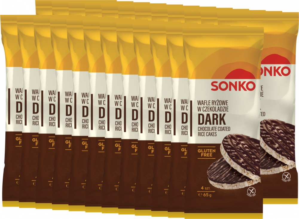 24x Wafle ryżowe Sonko Dark, w czekoladzie deserowej, 4 sztuki, 65g