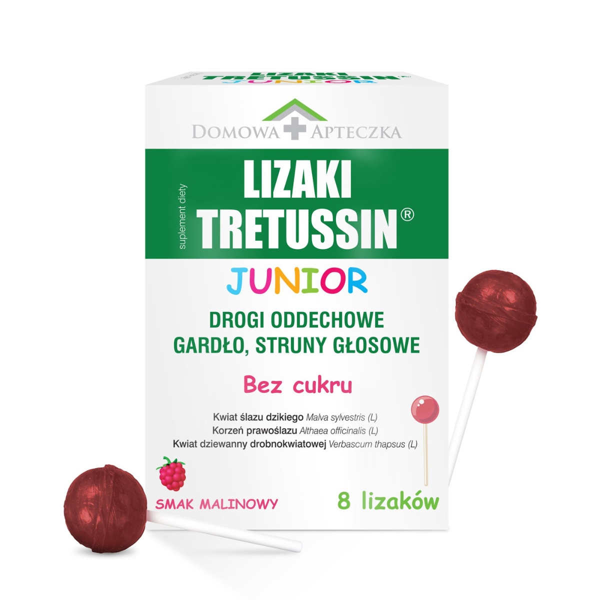 Domowa apteczka, tretussin junior lizaki o smaku malinowym, 8 sztuk